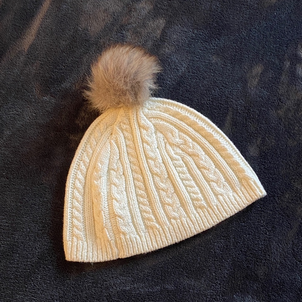Cream Cable Knit Beanie with Faux Fur Pom